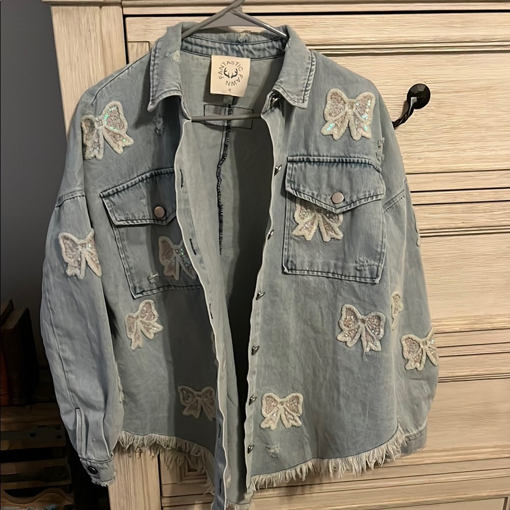 Denim Jacket with Sequin Bow Accents
